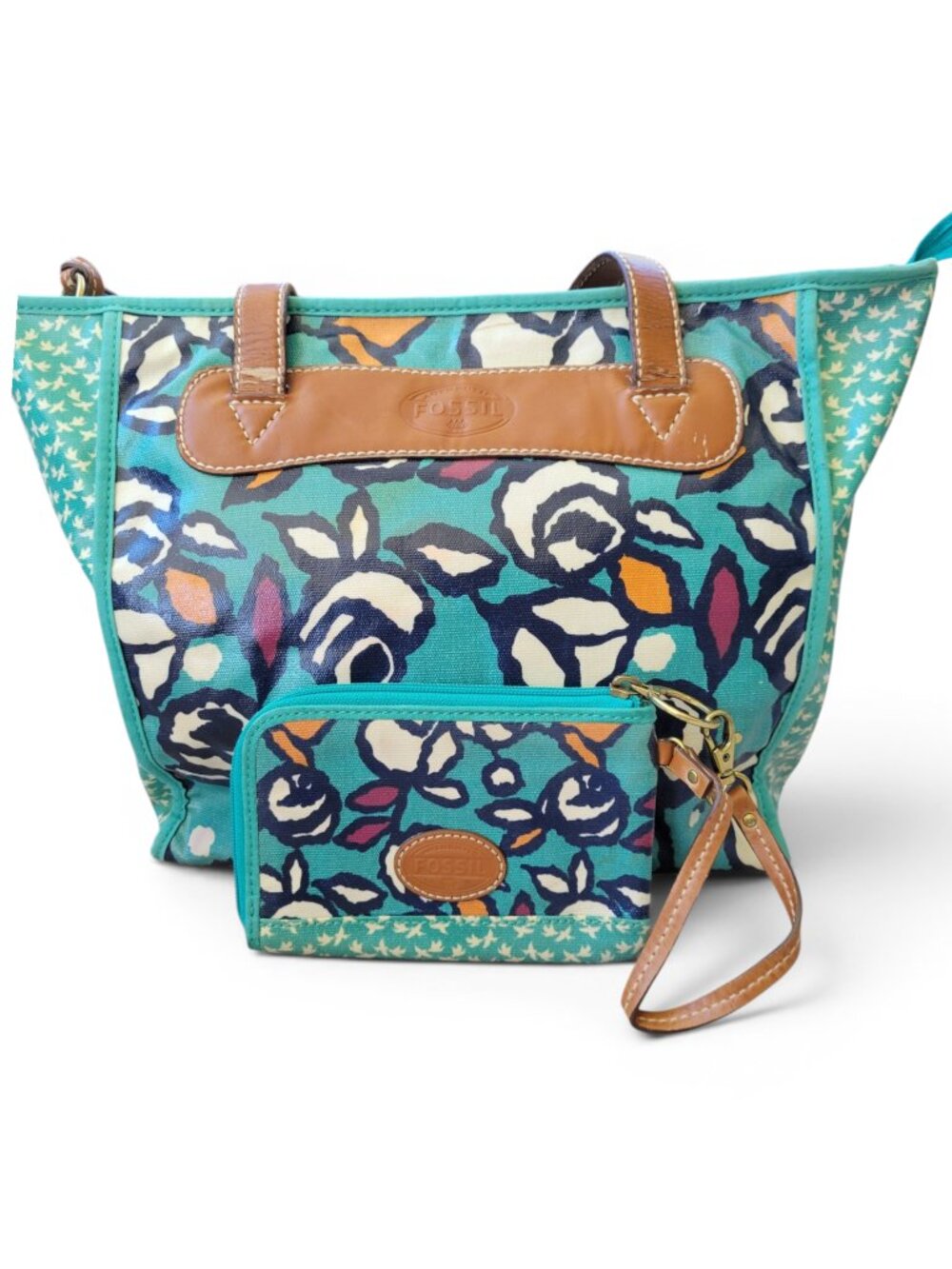 FOSSIL Turquoise Blue Floral Coated Canvas Keyper Bag and Wristlet Wallet Set